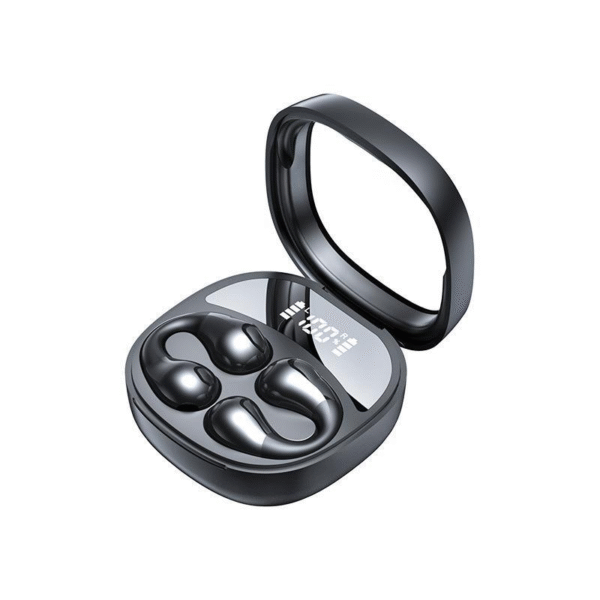 Clip ear TWS earphone in black with charging case - open