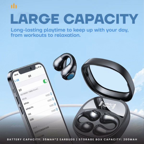 Clip ear TWS earphone in black with charging case - large capacity