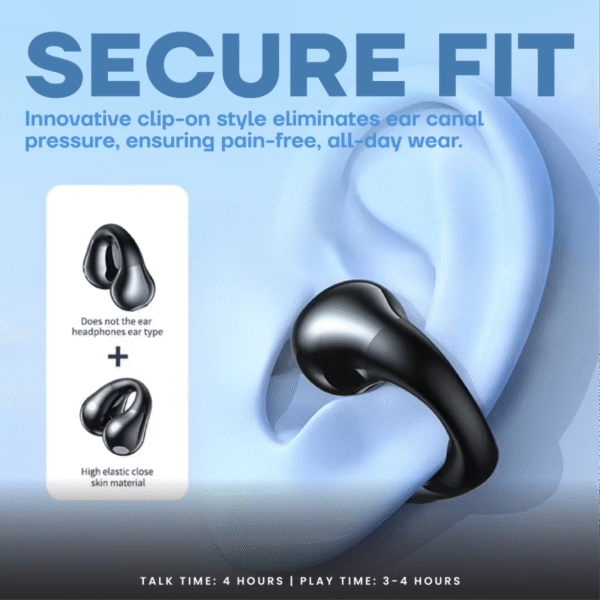 Clip ear TWS earphone in black with charging case - secure fit