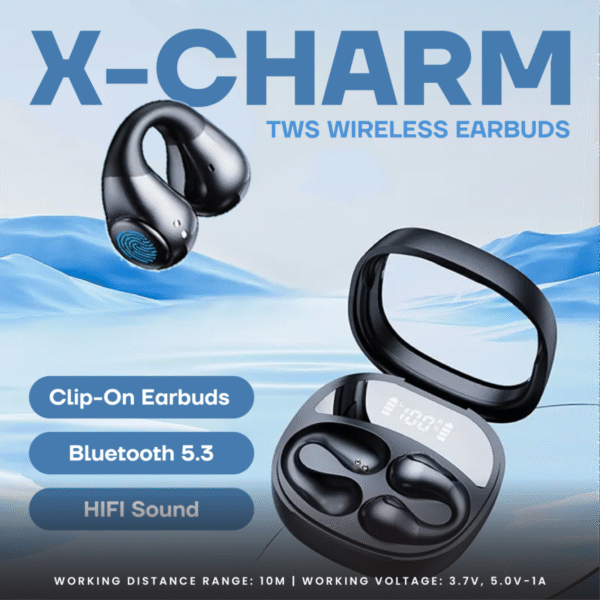 Clip ear TWS earphone in black with charging case - x-charm