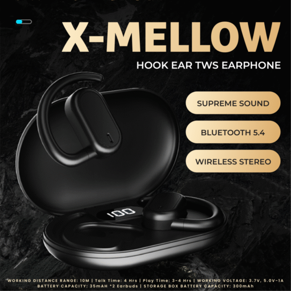 Hook ear TWS earphone in black with charging case - stereo