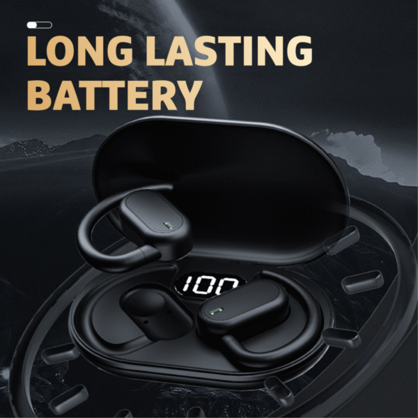 Hook ear TWS earphone in black with charging case - long lasting