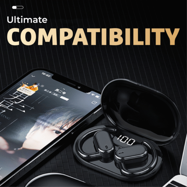 Hook ear TWS earphone in black with charging case - compatibility