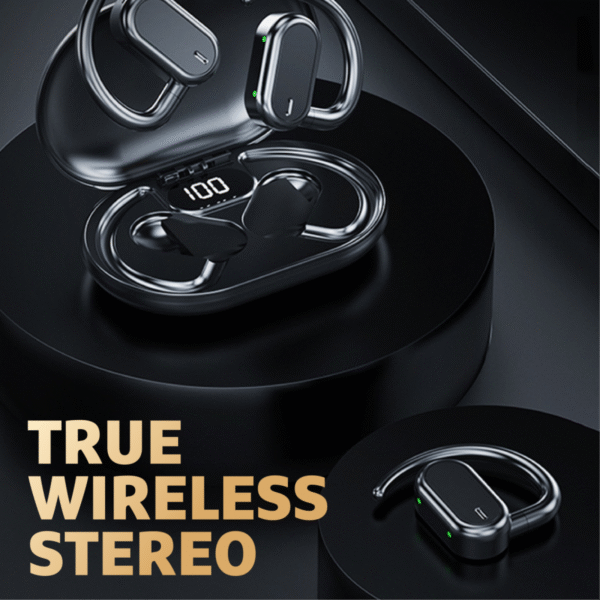 Hook ear TWS earphone in black with charging case - true wireless