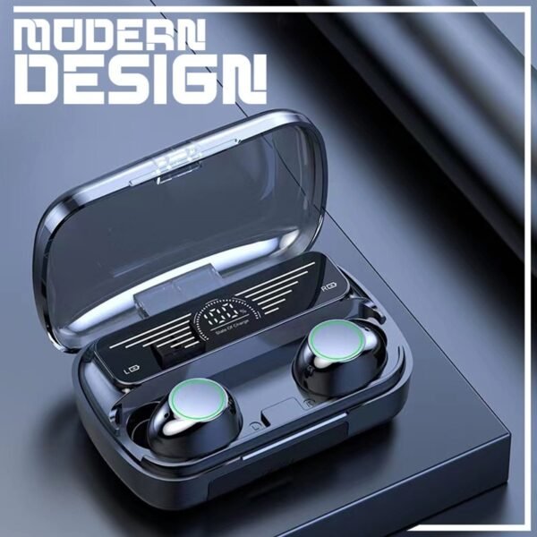 Powerbank Bluetooth earbud in black with 1200mAh charging case - modern design