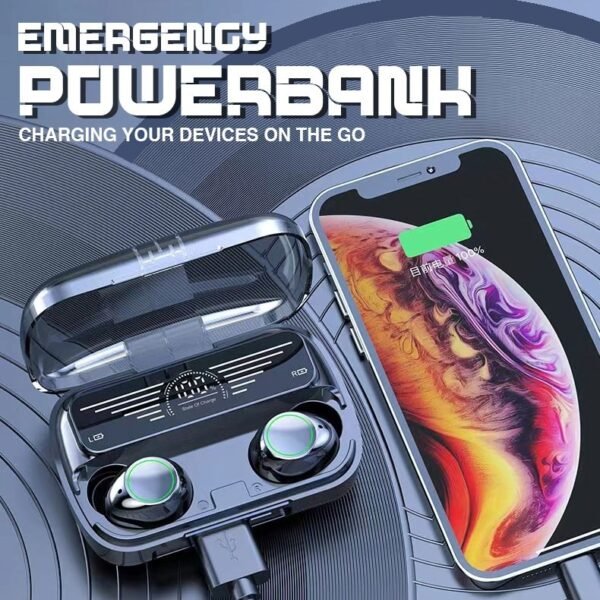 Powerbank Bluetooth earbud in black with 1200mAh charging case - powerbank