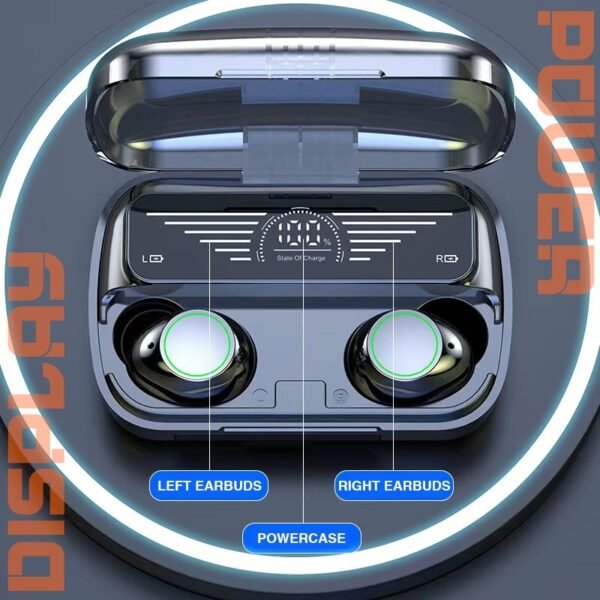Powerbank Bluetooth earbud in black with 1200mAh charging case - showcase