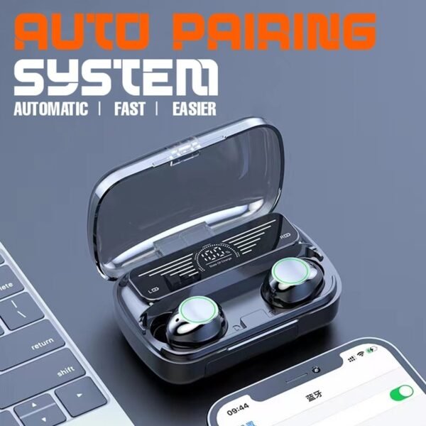 Powerbank Bluetooth earbud in black with 1200mAh charging case - system