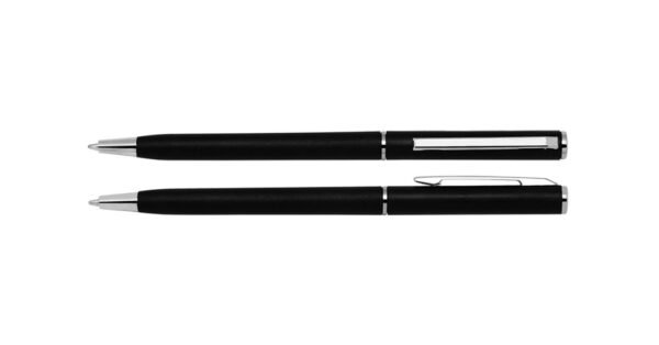 Twist action plastic ball pen with matte finish- front and side view
