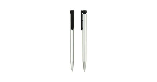 Push action plastic ball pen with metallic surface and black ink- front and side view 2