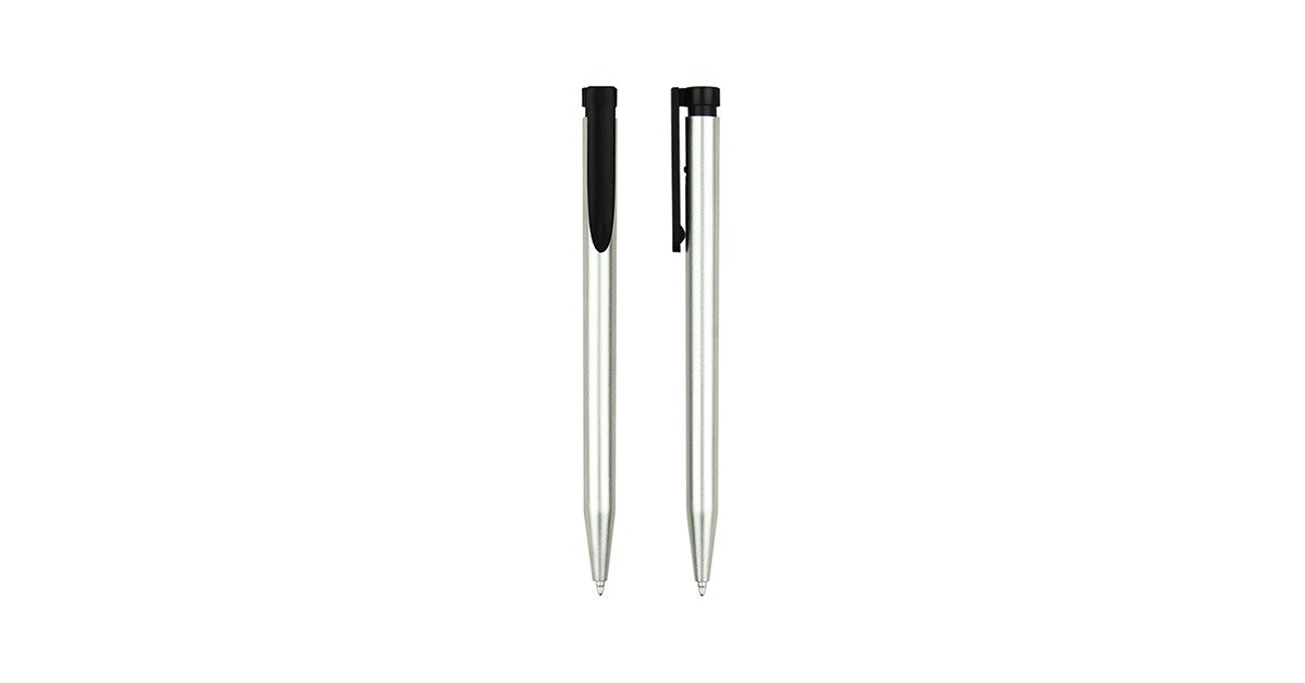 Push action plastic ball pen with metallic surface and black ink- front and side view 2