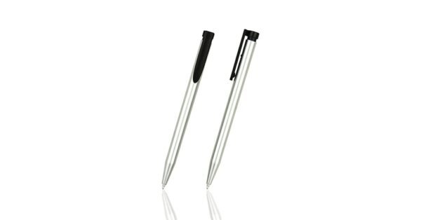 Push action plastic ball pen with metallic surface and black ink- front and side view
