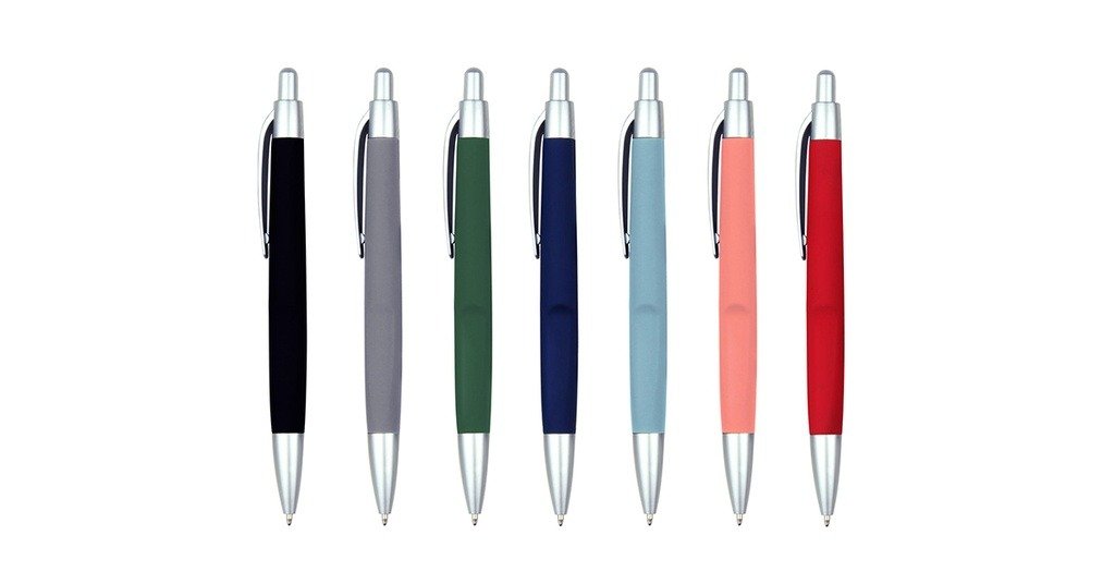 BOSTON plastic ball pen with rubberized surface and black ink- Front view