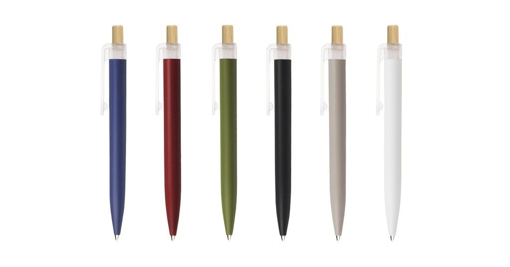 5057 AMAZA eco recycled plastic ball pen with bamboo push button- front view
