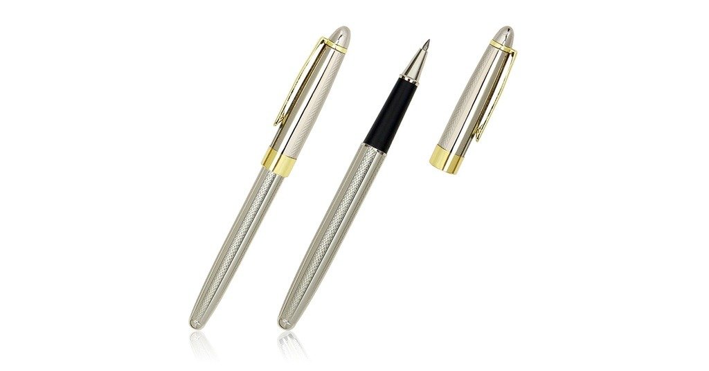 960R PRESIDENT brass roller pen with 0.7mm black ink and sleek metal body- front and side view