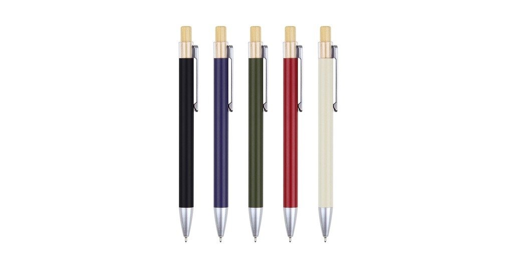 989BG Arizen metal ball pen with aluminium barrel and bamboo push button- front view