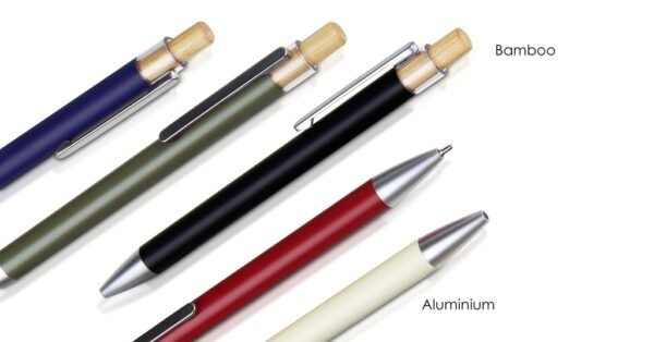 989BG Arizen metal ball pen with aluminium barrel and bamboo push button- material
