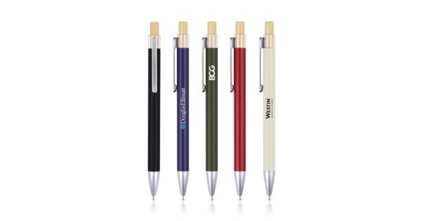 989BG Arizen metal ball pen with aluminium barrel and bamboo push button- with logo