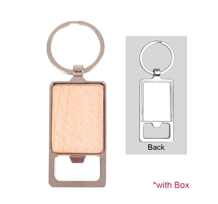 Brown wooden keychain with built-in bottle opener and custom branding area