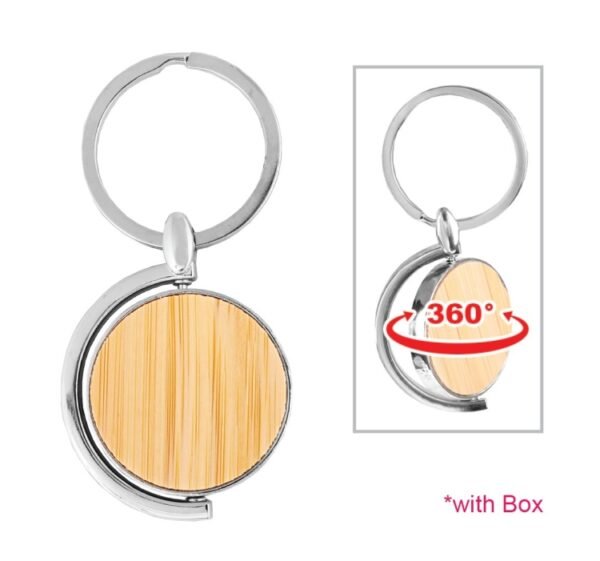 Round bamboo and metal keychain with custom engraving area