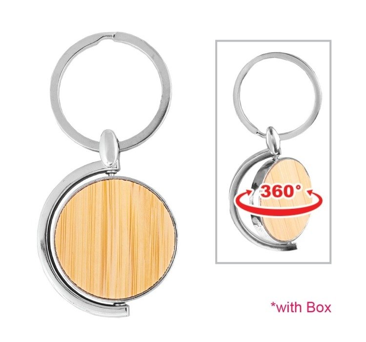 Round bamboo and metal keychain with custom engraving area