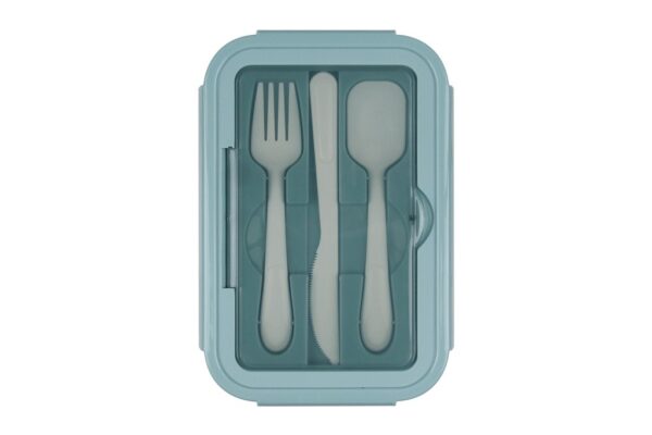 Microwave safe lunch box with compartments, phone holder lid, and utensils- Blue