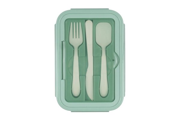 Microwave safe lunch box with compartments, phone holder lid, and utensils- Green