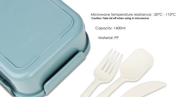 Microwave safe lunch box with compartments, phone holder lid, and utensils- product detail