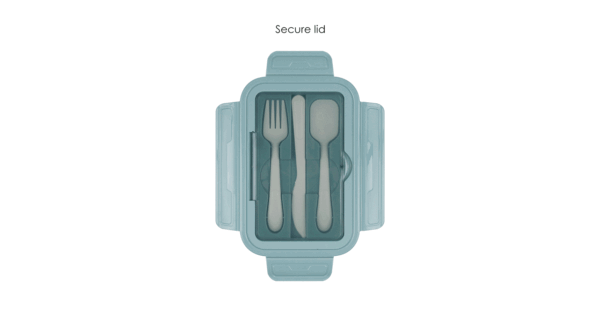 Microwave safe lunch box with compartments, phone holder lid, and utensils- secure lid