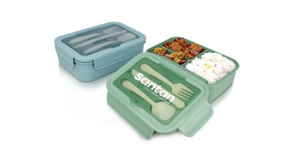 Microwave safe lunch box with compartments, phone holder lid, and utensils- with logo