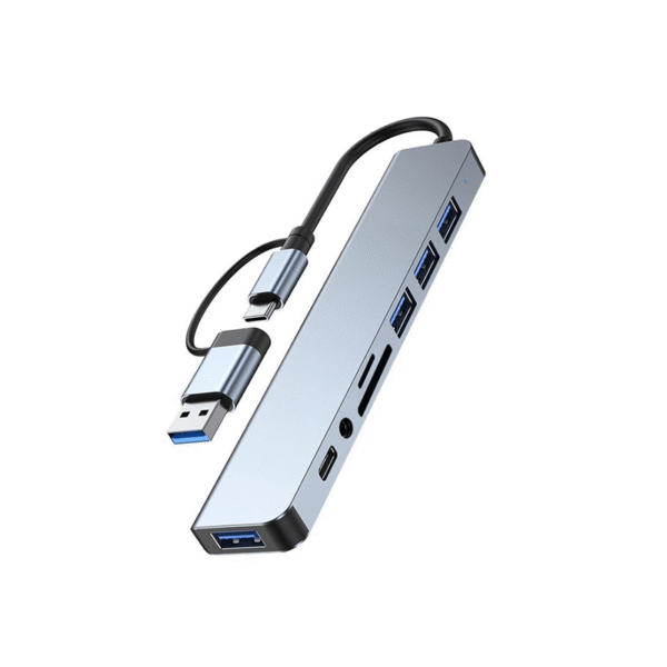 Light blue HUB08 multi-port USB hub with USB-C, USB-A, SD, TF, and 3.5mm jack