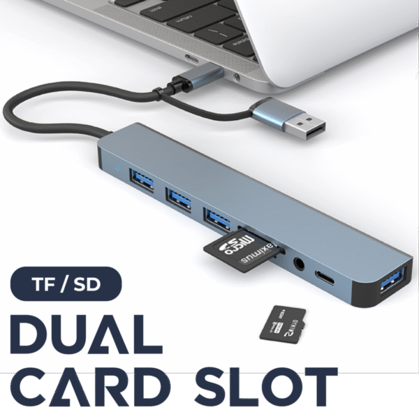Light blue HUB08 multi-port USB hub with USB-C, USB-A, SD, TF, and 3.5mm jack - dual card slot