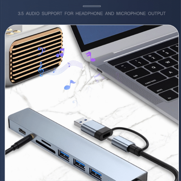 Light blue HUB08 multi-port USB hub with USB-C, USB-A, SD, TF, and 3.5mm jack - charge