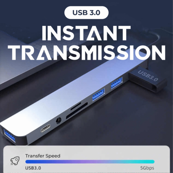Light blue HUB08 multi-port USB hub with USB-C, USB-A, SD, TF, and 3.5mm jack - instant transmission
