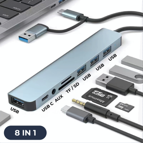 Light blue HUB08 multi-port USB hub with USB-C, USB-A, SD, TF, and 3.5mm jack - port