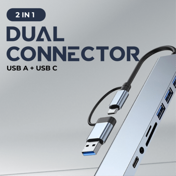 Light blue HUB08 multi-port USB hub with USB-C, USB-A, SD, TF, and 3.5mm jack - dual connector