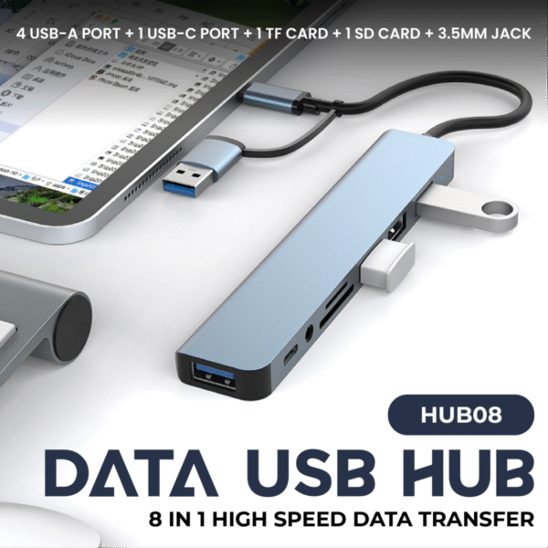 Light blue HUB08 multi-port USB hub with USB-C, USB-A, SD, TF, and 3.5mm jack - data usb hub