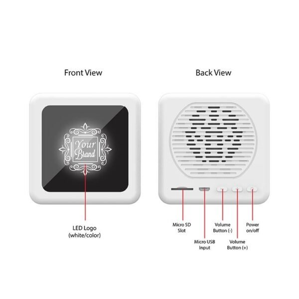 LED logo bluetooth speaker with super bass and light-up branding - white front and back