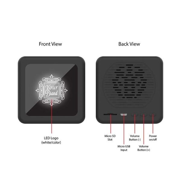LED logo bluetooth speaker with super bass and light-up branding - black front and back