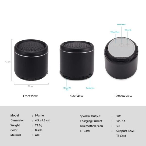 Mini bass Bluetooth speaker in black with built-in bass radiator - specification