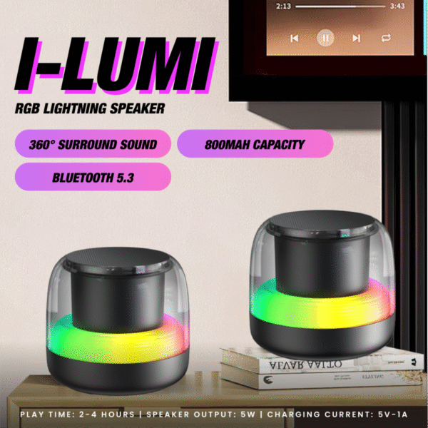 Ambient light Bluetooth speaker in black with color-changing lights - i-lumi