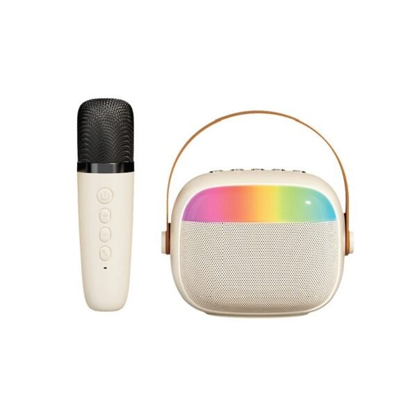 Portable karaoke speaker in white with wireless microphone