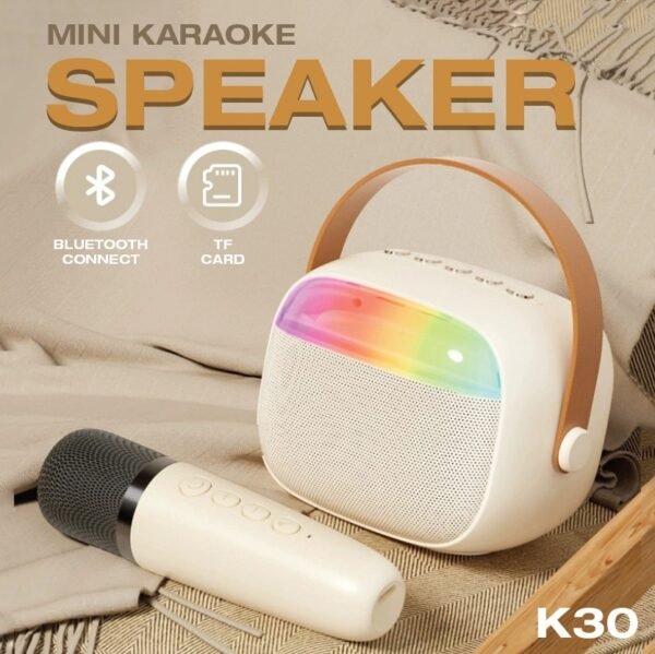 Portable karaoke speaker in white with wireless microphone - speaker