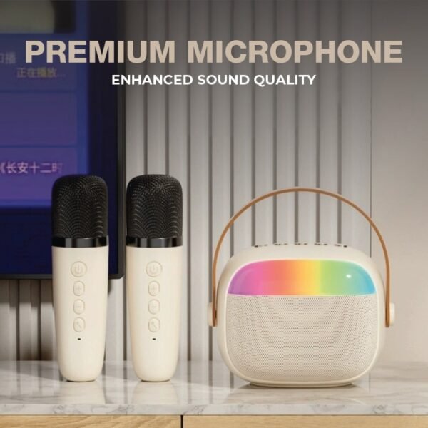 Portable karaoke speaker in white with wireless microphone - microphone