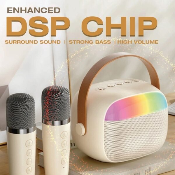 Portable karaoke speaker in white with wireless microphone - dsp chip