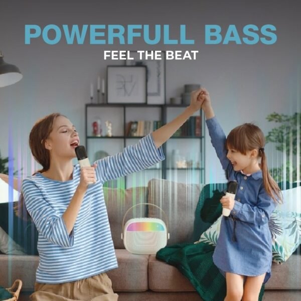 Portable karaoke speaker in white with wireless microphone - powerful