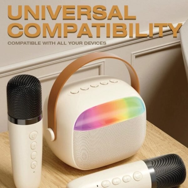 Portable karaoke speaker in white with wireless microphone - universal