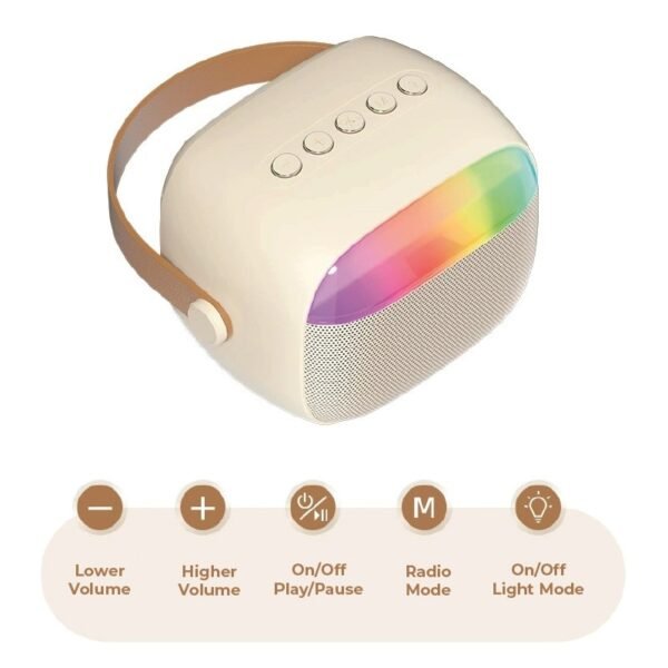 Portable karaoke speaker in white with wireless microphone - info