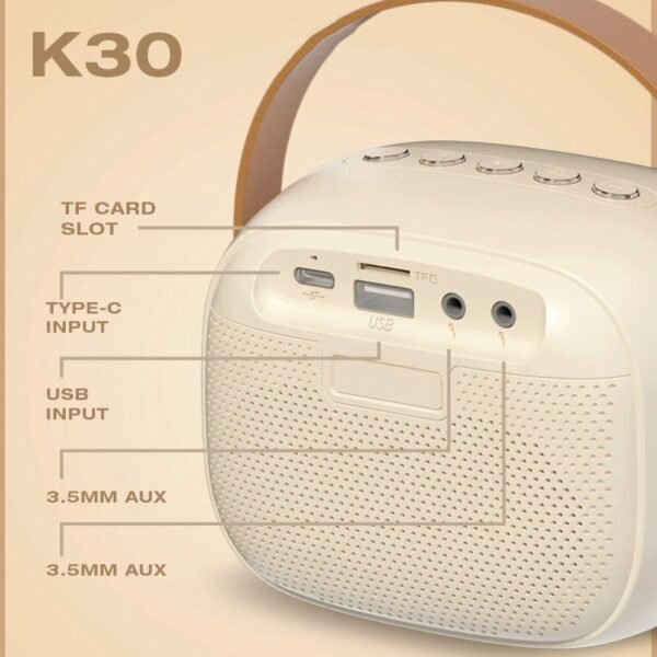Portable karaoke speaker in white with wireless microphone - details