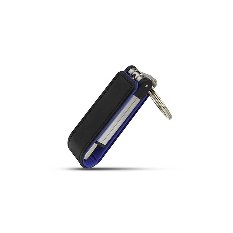Executive USB drive LT006 with black leather, blue interior, and key ring
